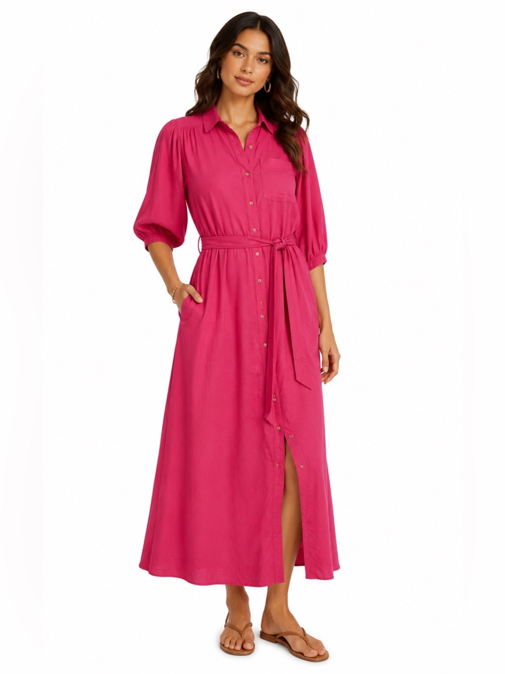 Anthropologie Maeve Linen Blend Pink Midi Shirt Dress Belted Pockets XSP